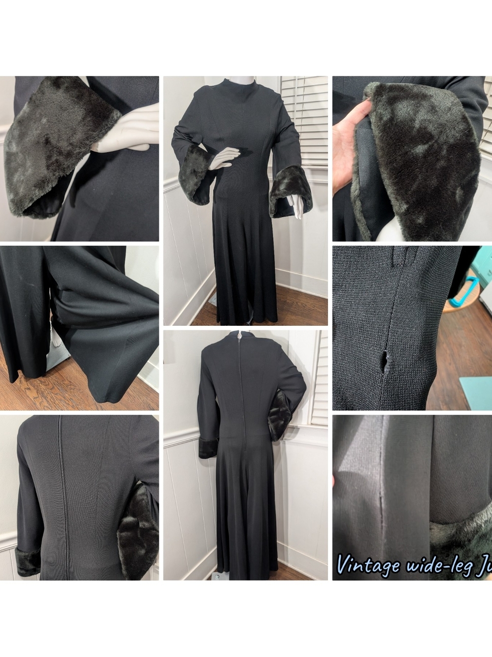 Vintage Black Jumpsuit. Faux Fur Cuffs. High Neckline. Some Seams Need Mending.